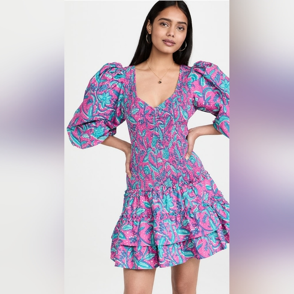 Love The Label Audrey Smocked Mini Dress Lola Pink Puff Sleeve Tiered S Small